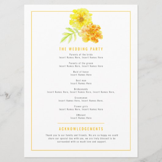 Gele goudsbloemen waterverf kunst bruiloft program programma (Achterkant)