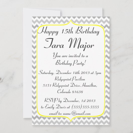 Gele grens en Gray Chevron Birthday Uitnodiging (Voorkant)