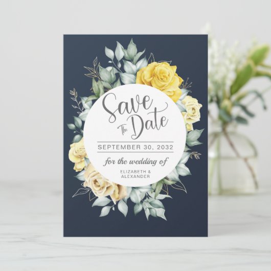 Gele griezelige groene marineblauwe bruiloft save the date (Staand voorkant)