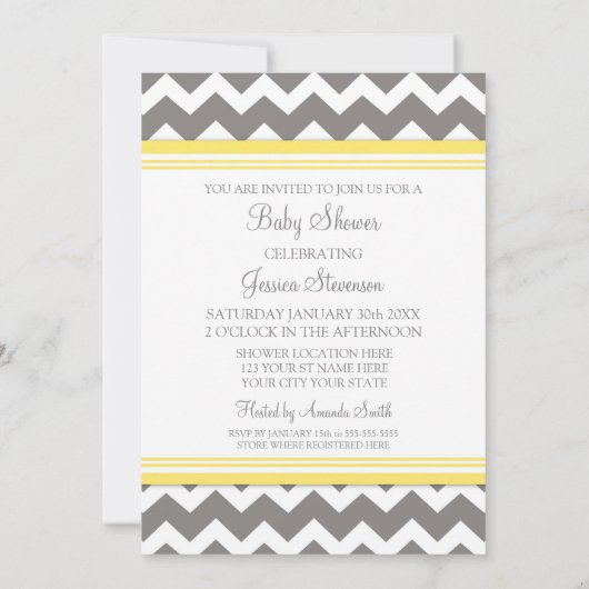 Gele grijze Chevron Custom Baby Shower Invitaties Kaart (Achterkant)