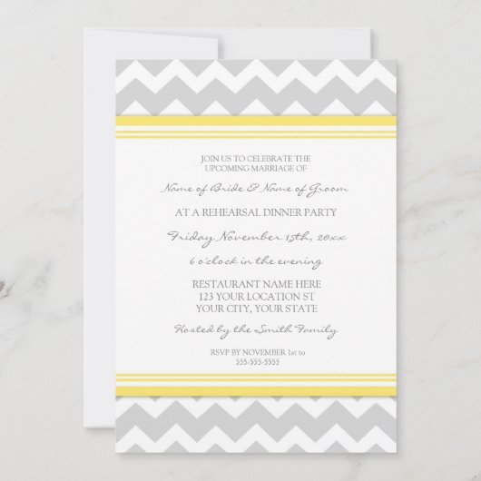 Gele grijze Chevron Rehearsal Dinner Party Kaart (Achterkant)