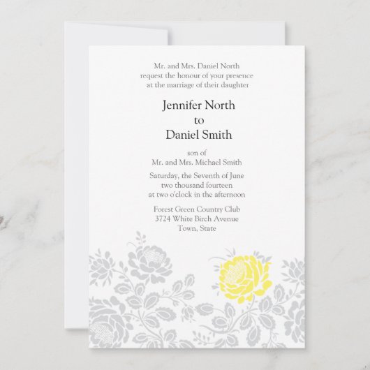 Gele grijze Floral Wedding Invitations Kaart (Voorkant)