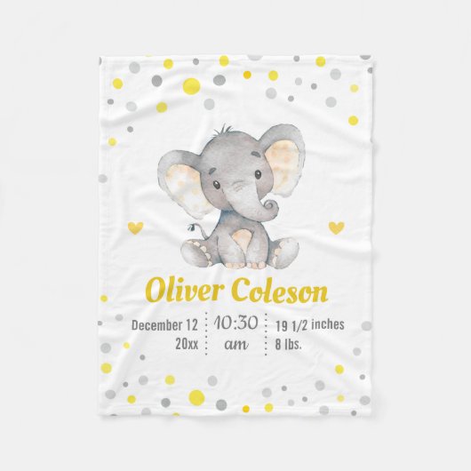 Gele Grijze Olifant Polka Dot Baby Stats Kwekerij Fleece Deken (Voorkant)