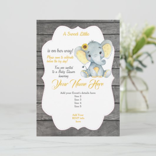 Gele Grijze Olifant Uitnodiging Aanpasbaar (Staand voorkant)