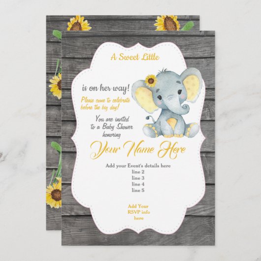 Gele Grijze Olifant Uitnodiging Aanpasbaar (Voorkant / Achterkant)