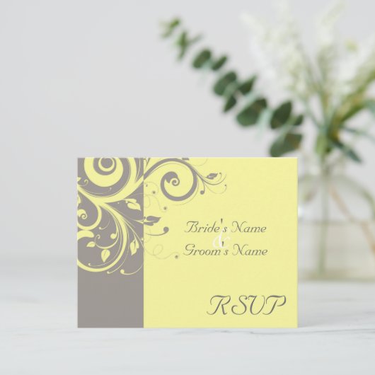 Gele, Grijze Omgekeerde Swirl Bruiloft Matching RS RSVP Kaartje (Staand voorkant)