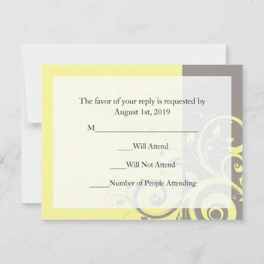 Gele, Grijze Omgekeerde Swirl Bruiloft Matching RS RSVP Kaartje (Achterkant)