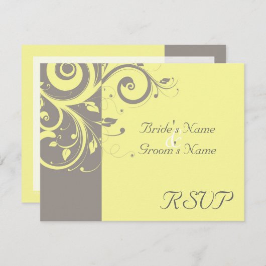 Gele, Grijze Omgekeerde Swirl Bruiloft Matching RS RSVP Kaartje (Voorkant / Achterkant)
