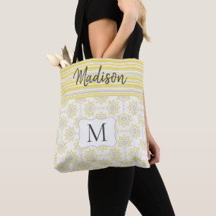 Gele Grijze Strepen Bijen Trendy Initiaal Monogram Draagtas