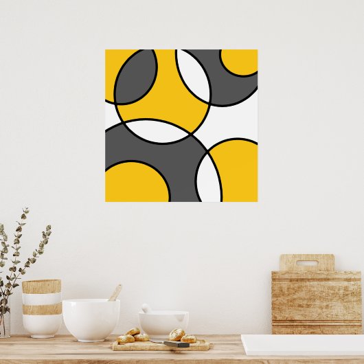 Gele grijze zwarte witte Abstracte cirkels Poster (Keuken)