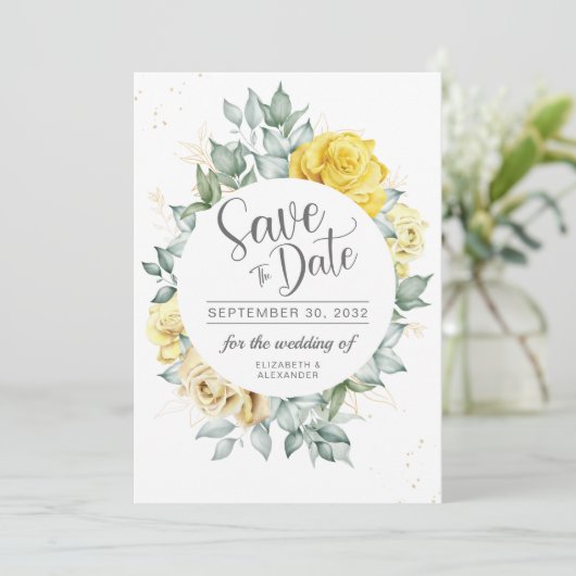 Gele grilige bruinkoolzomerbruiloft save the date (Staand voorkant)