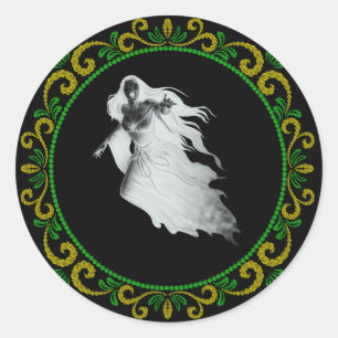 Gele groene dame in White Ghost Halloween Ronde Sticker