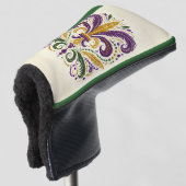 Gele, groene paarse fleur de lis veren golfheadcover (3/4 voorkant)