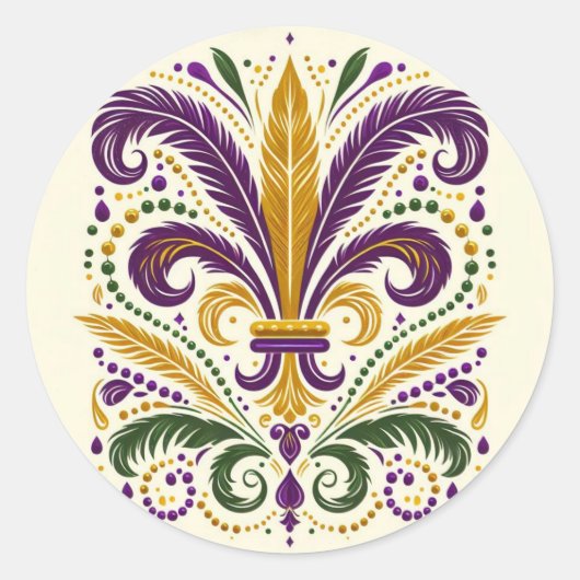Gele, groene paarse fleur de lis veren ronde sticker (Voorkant)