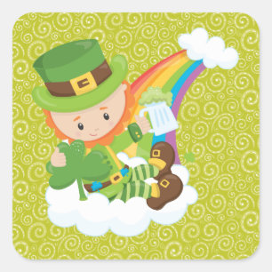 Gele Groene Swirls Leprechaun en Regenboog Sticker