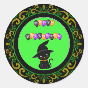 Gele groene zwarte kat Happy Halloween-ballonnen Ronde Sticker