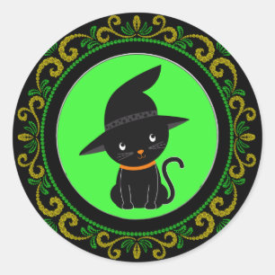 Gele groene zwarte kat met heks Pet Halloween Ronde Sticker