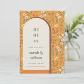 Gele Groovy Retro Arch Floral sparen de Datum Kaar Kaart (Staand voorkant)