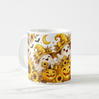 Gele Halloween-geesten Pompoenen & Zonnebloemen Mo Koffiemok