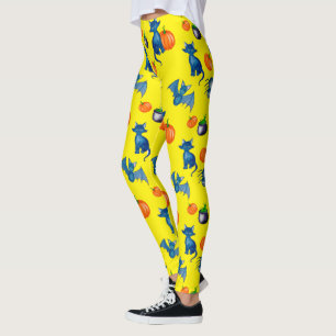 Gele Halloween Leggings - Black Cat & Pumpkins