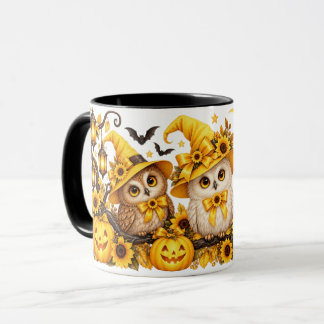 Gele Halloween-uilen Pompoenen & Zonnebloemen Mok