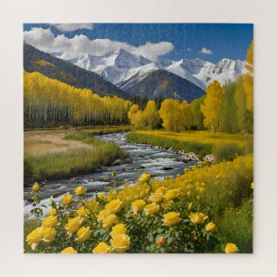 Gele herfst besneeuwde bergen Aspen River Legpuzzel