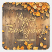 Gele herfstbladeren op houten Thanksgiving Vierkante Sticker (Voorkant)