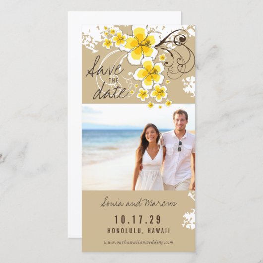 Gele Hibiscus Beach bruiloft foto Save The Date (Voorkant / Achterkant)