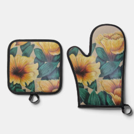 Gele hibiscus ovenhandset ovenwant & pannenlap set