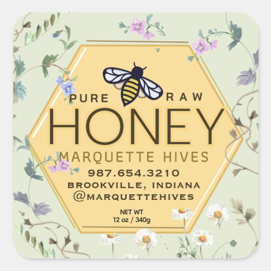 Gele Honing Hexagon Label Wildflower Border & Bee (Voorkant)