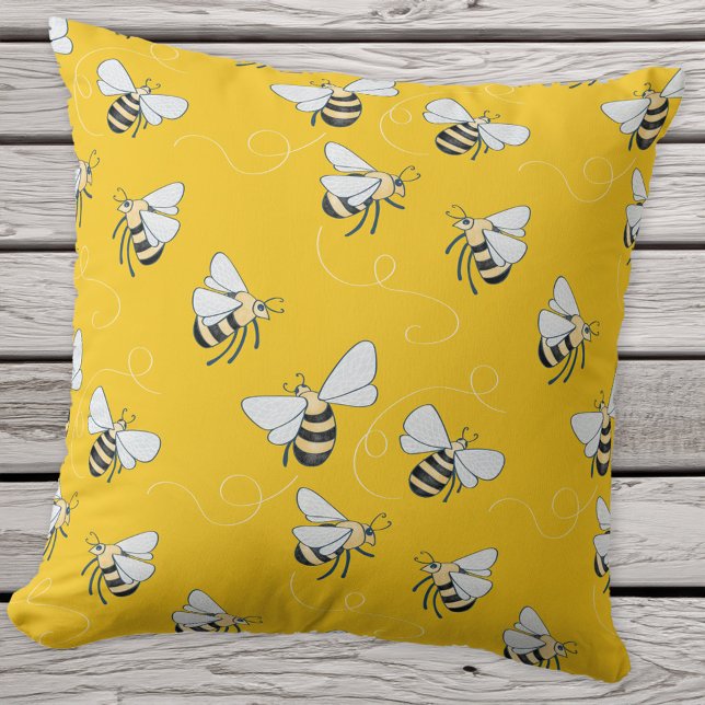 Gele honingbijen kussen (Sunshine yellow honey bee pattern throw pillow for nature and pollinator lovers!)