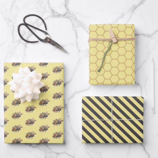 Gele honingraat en  honingbijen en stripes inpakpapier vel (Voorkant)