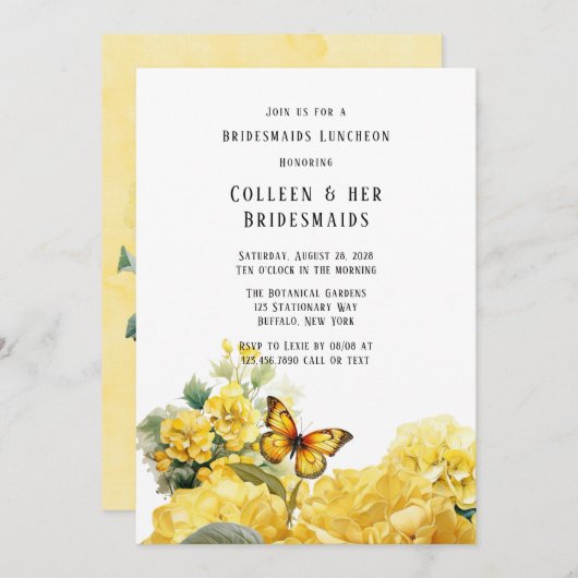 Gele Hydrangea Vlinder Bruidsmeisjes Luncheon Kaart (Voorkant / Achterkant)