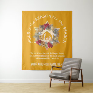Gele JESUS IS DE REDEN VAN kersttapage Wandkleed
