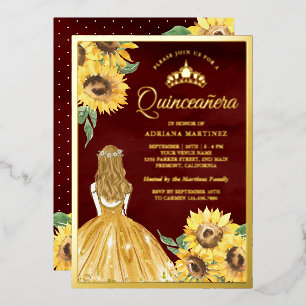 Gele jurk zonnebloemen burgundy Quinceanera goud Folie Uitnodiging