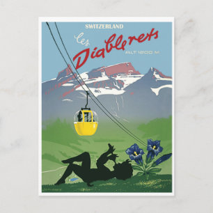Gele kabelbaan op de Diablerets berg, vintage Briefkaart