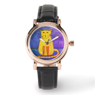 Gele Kat Abstract Draagbare Kunst Horloge