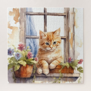 Gele Katje Raam Bloembak Schildering Legpuzzel