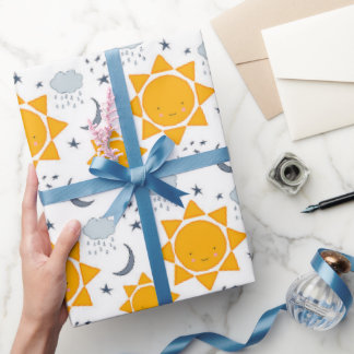 Gele kawaï zonnen met sterren, manen en wolken cadeaupapier