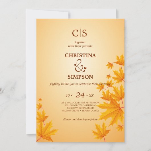 Gele klassieke herfst esdoornbladeren bruiloft kaart (Voorkant)