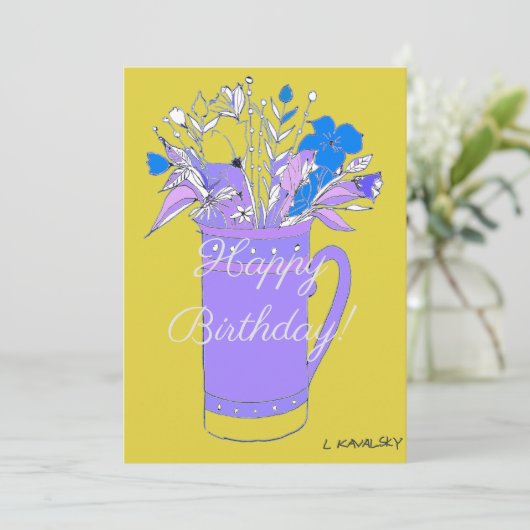 Gele kleurrijke Happy Birthday Flowers in Mok Feestdagenkaart (Staand voorkant)