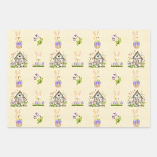 Gele konijnen thuis met paaseieren inpakpapier vel (Voorkant)