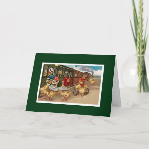 Gele kuikens in de trein - Antropomorfe kunst Feestdagen Kaart