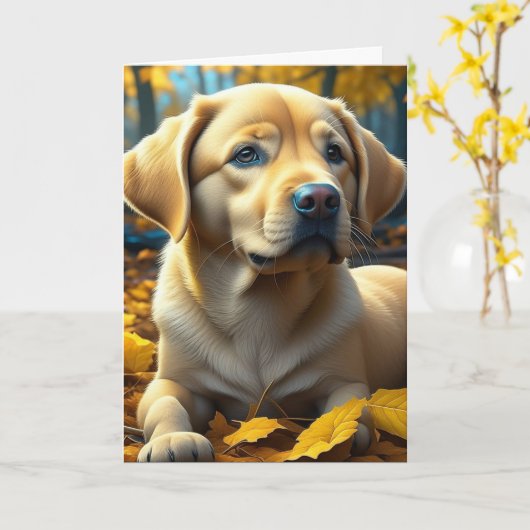 Gele Lab Puppy Hond Spelen In Herfst Bladeren Kaart (Gele Bloem)