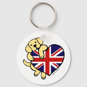 Gele labrador & Britse vlag Heart 2 Cartoon Sleutelhanger