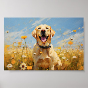 Gele labrador in bloemen poster