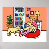 Gele Labrador mam Reading Cartoon Poster (Voorkant)