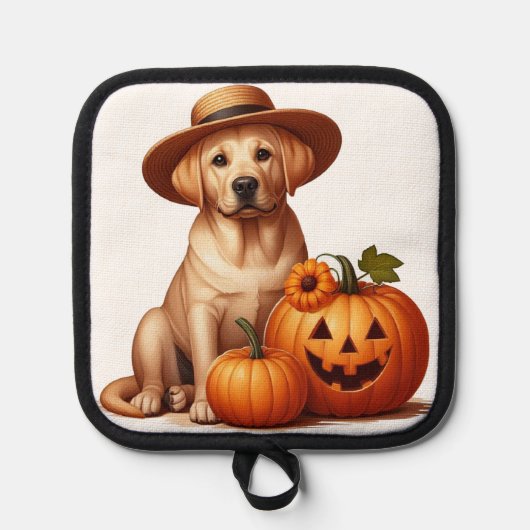 Gele Labrador Puppy Dragen van Pet met Pompoenen Pannenlap (Voorkant)