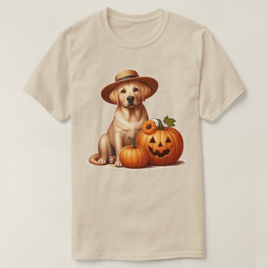 Gele Labrador Puppy Dragen van Pet met Pompoenen T-shirt (Design voorkant)