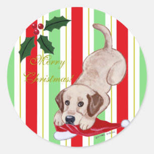 Gele Labrador Puppy & Santa Hat Kerstmis Ronde Sticker